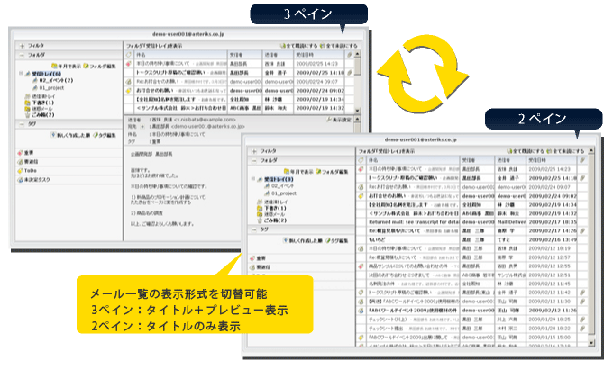 Webメールの特長：メール一覧の表示形式を個人の用途に合わせて切替可能